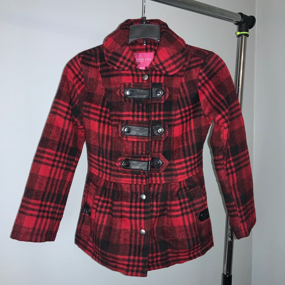 London Fog wool blend plaid girls pea coat Sz 7/8 snap front peplum hem